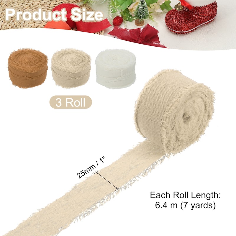 3Roll Cotton Handmade Fringe Ribbon 1"x21Yd Frayed Fringe Ribbons - 7Yd - Beige/Nude/Khaki