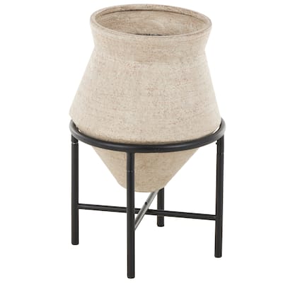 Metal Wide Vase with Black Metal Stands - Beige or Brown - Roche River Decor