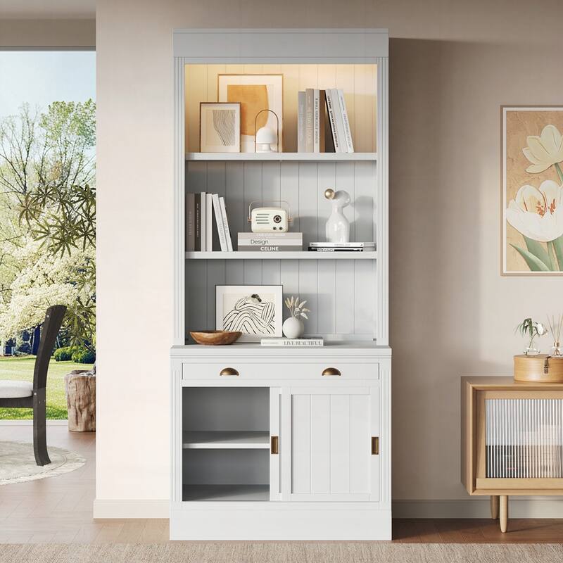Modern Bookcase with Sliding Doors and Open Shelves