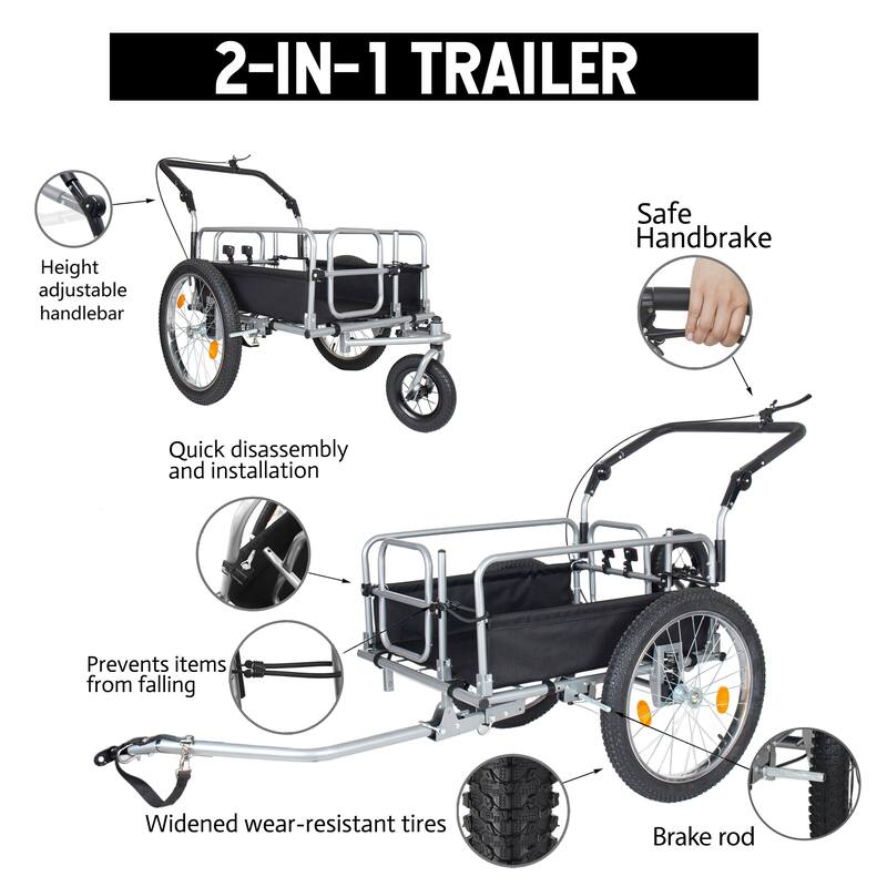 3-in-1 Heavy-Duty Bike Cargo Trailer, Upgraded 20" Wide Fat Tires, 150lbs Capacity, Steel Frame, Convertible Stroller Pull Cart