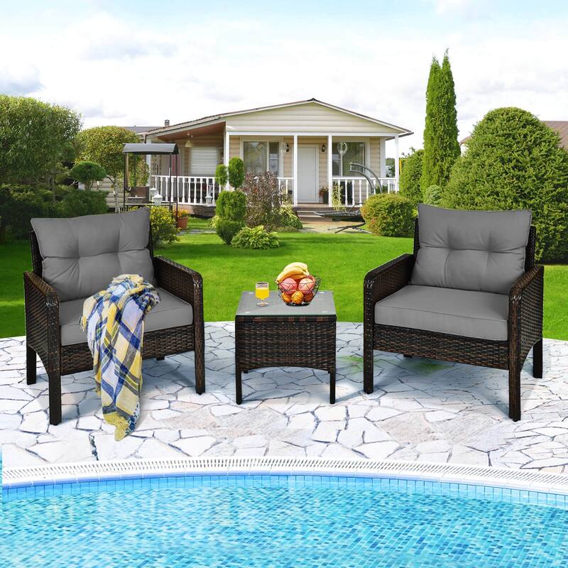 Costway 3 PCS Patio PE Wicker Furniture Set with Cushions and Tempered - See Details - Grey