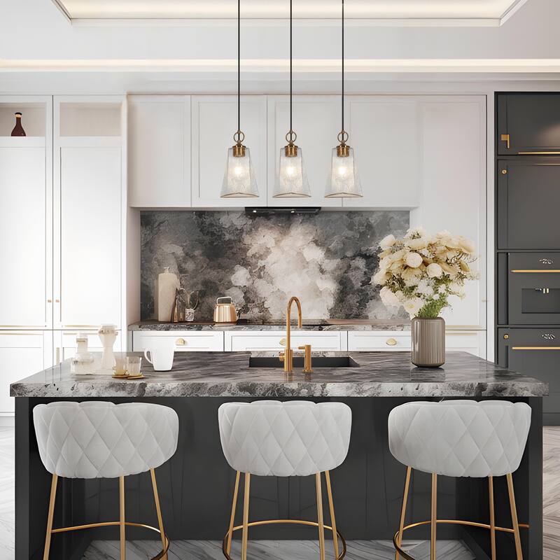 Modern 3-Light Gold Chandelier Textured Glass Kitchen Island Lights - W 25.1" x H 72.9"