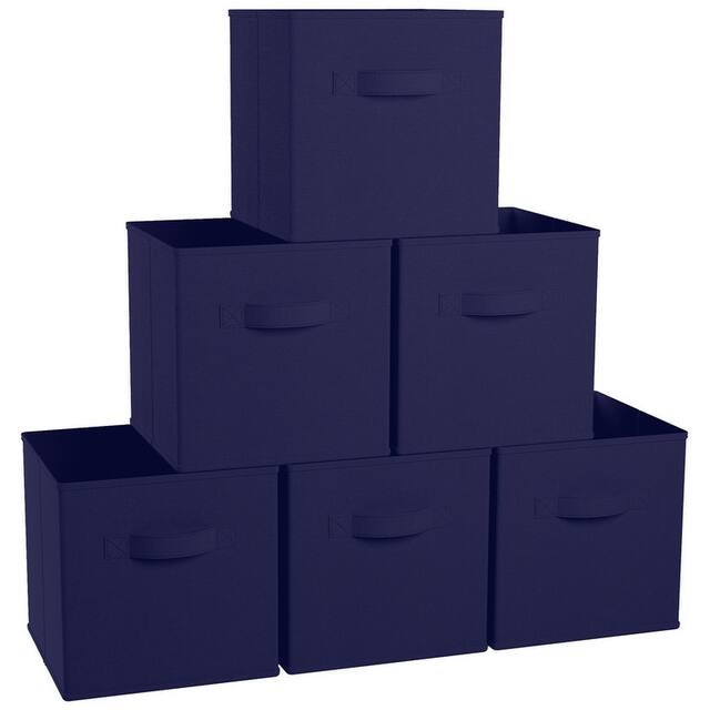 6 Pack Foldable Collapsible Storage Box Bins Shelf Basket Cube Organizer with Dual Handles -13 x 13 x 13 - 11 x 11 x 11 - Navy