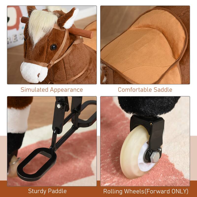 Interactive Large Ride-On Rocking Horse for Kids Aged 5-16, Plush Body with Rolling Wheels