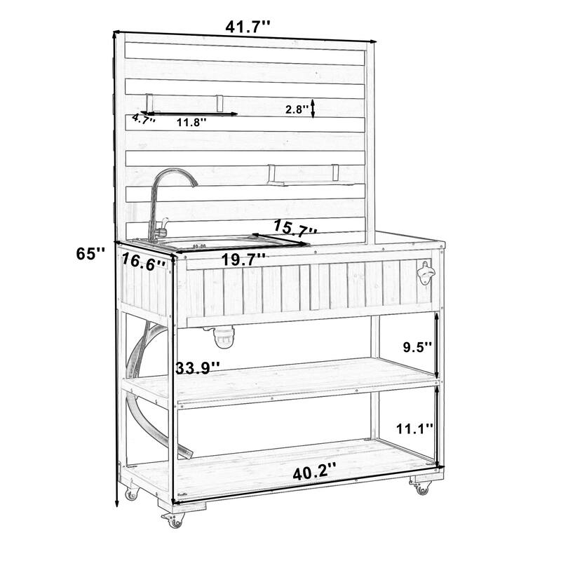 41.7'' Rolling Outdoor Kitchen Island, Solid Wood Kitchen Cart with Sink and Stainless Table Top