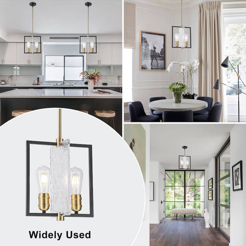 Matte Black & Brushed Gold Geometric Chandelier with Hammered Glass - Dia.11.02-in