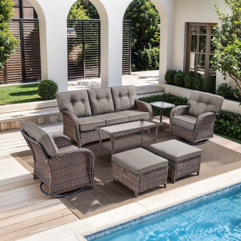 Pocassy Ooutdoor Patio Sofa Chairs Funiture Set - 7 Pieces - Brown Wicker & Gray cushion