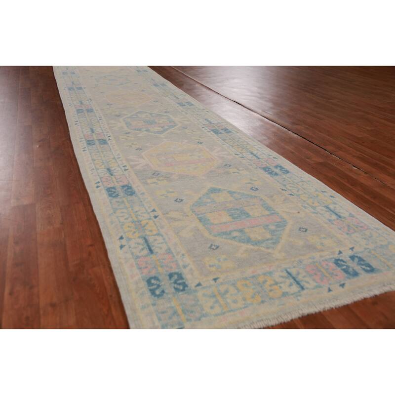 Hand Knotted Oriental 100% Wool Carpet Transitional Geometric Greys & Charcoal Oushak Runner Rug - 17' 6'' X 3' 1''