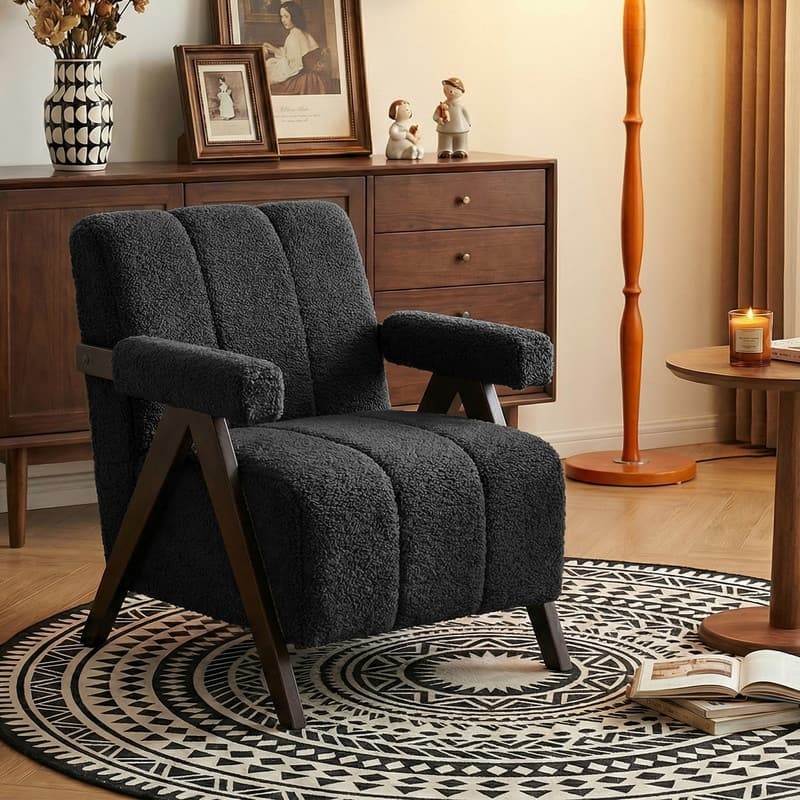 Mid Century Modern Accent Chair, Solid Wood Upholstered Armchair with Wide Backrest and Thick Cushion - Black