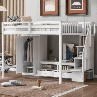 White Full Size Solid Wood Loft Bed with Wardrobe and Storage Table