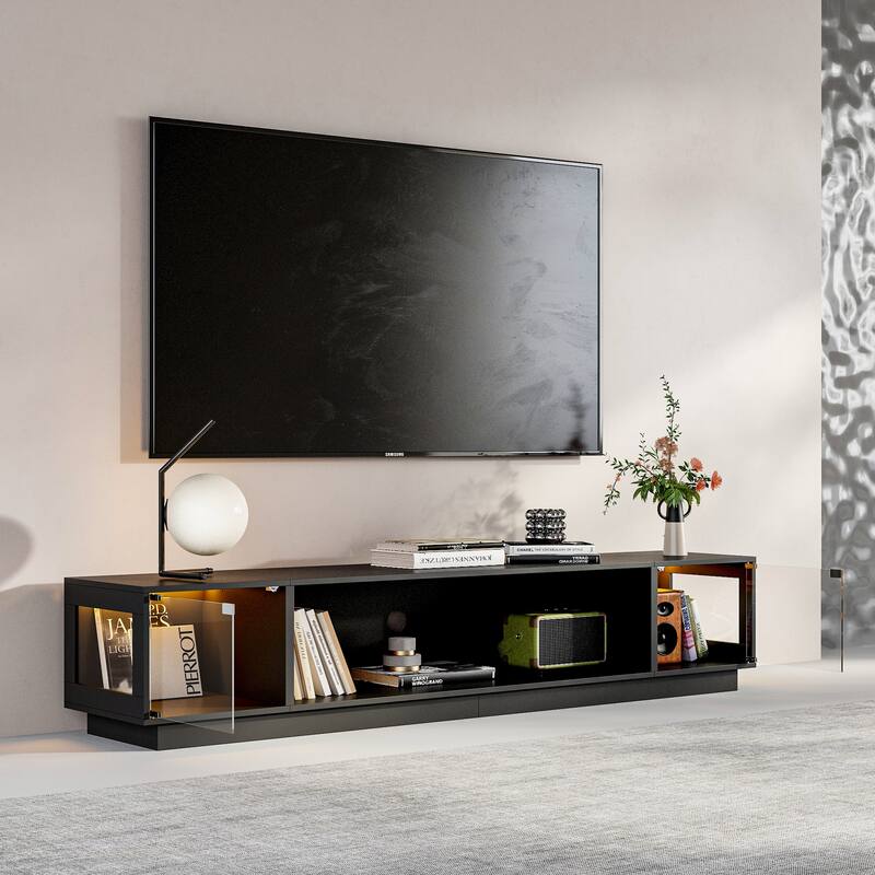 Modern Black Fireplace TV Stand Combo,Remote Fireplace Heater,2 Drawers,Light Strip & USB