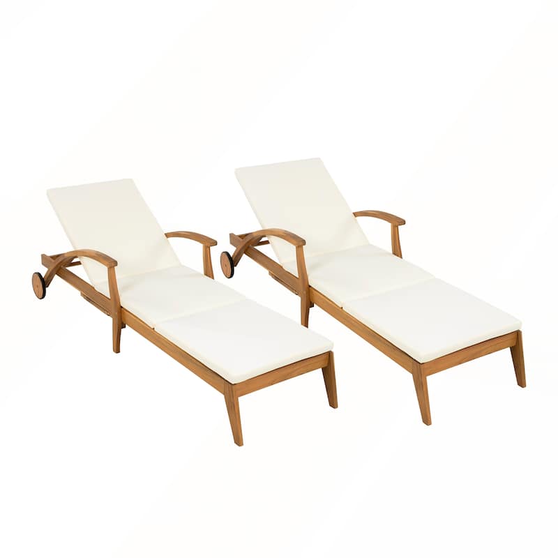 Acacia Wood Wheeled Chaise Lounge Adjustable Backrest Cushion