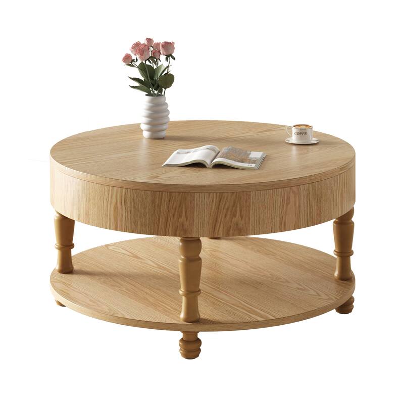 31.5" Modern Round Coffee Table with Adjustable Leveling Feet and Dual Storage