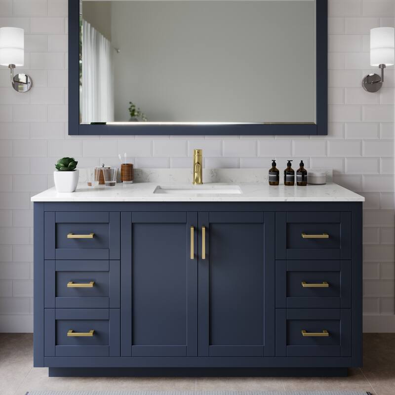 Wyndham Collection Miranda 60" Free Standing Single Basin Vanity Set - Dark Blue / Carrara Cultured Marble Top / Brushed