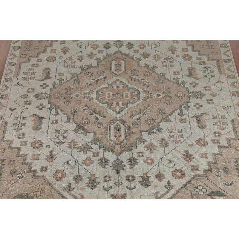 Geometric Heriz Serapi Indian Area Rug Handmade Grey Wool Carpet - 8'11" x 11'10"