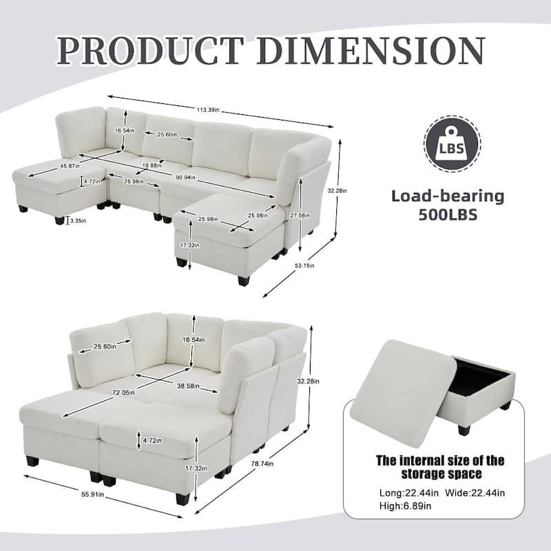 Freely Combinable Convertible Modular Sectional Sofa with Storage Ottomans