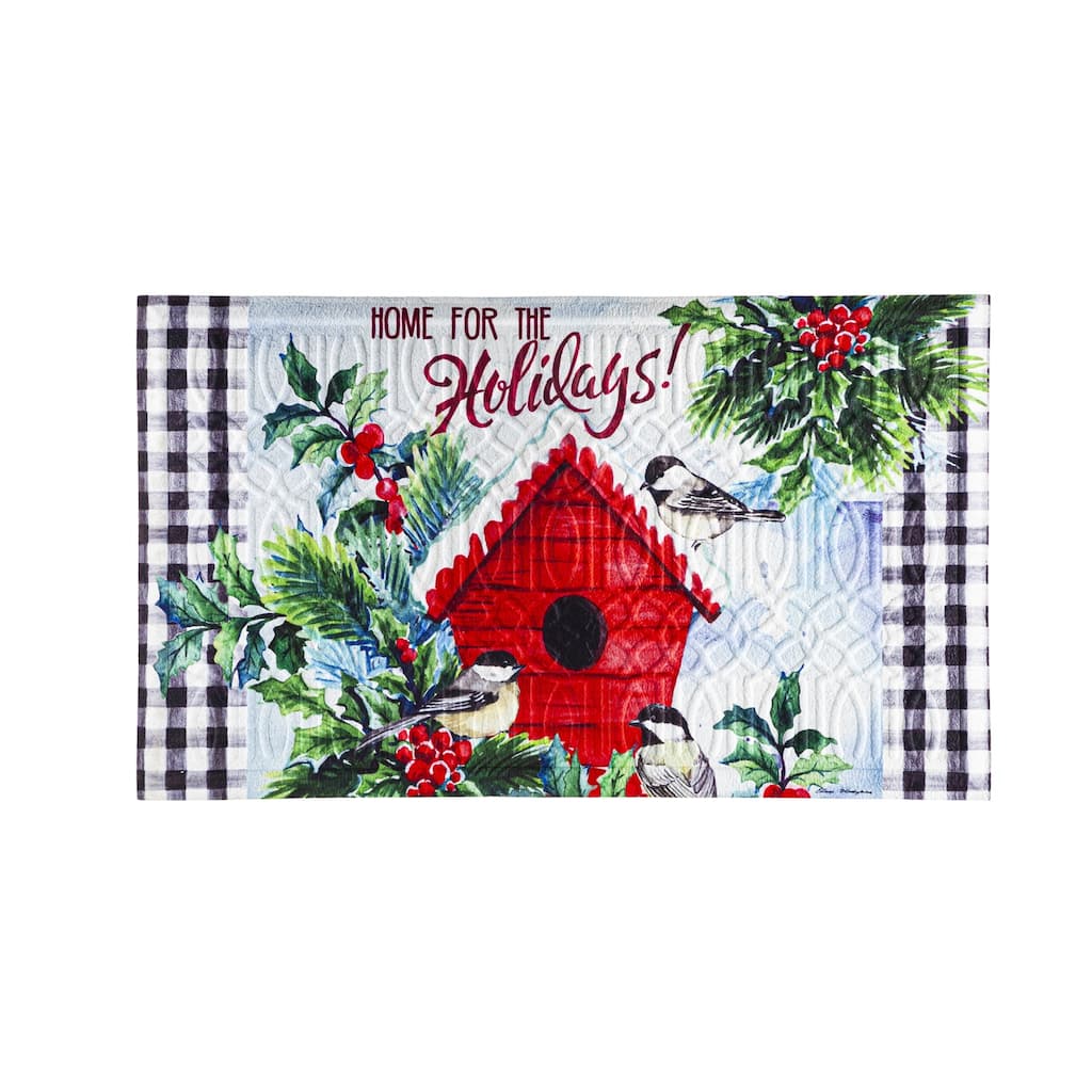 Chickadees Holiday Birdhouse Embossed Floor Mat