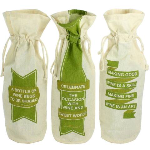 Quotes Printed Wine Bag, Assortment of 3, White and Green