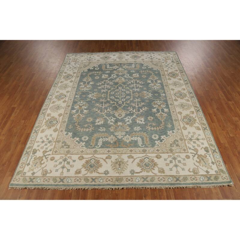 Floral Oushak Indian Area Rug Hand-Knotted Blue Wool Carpet - 8'2" x 10'0"