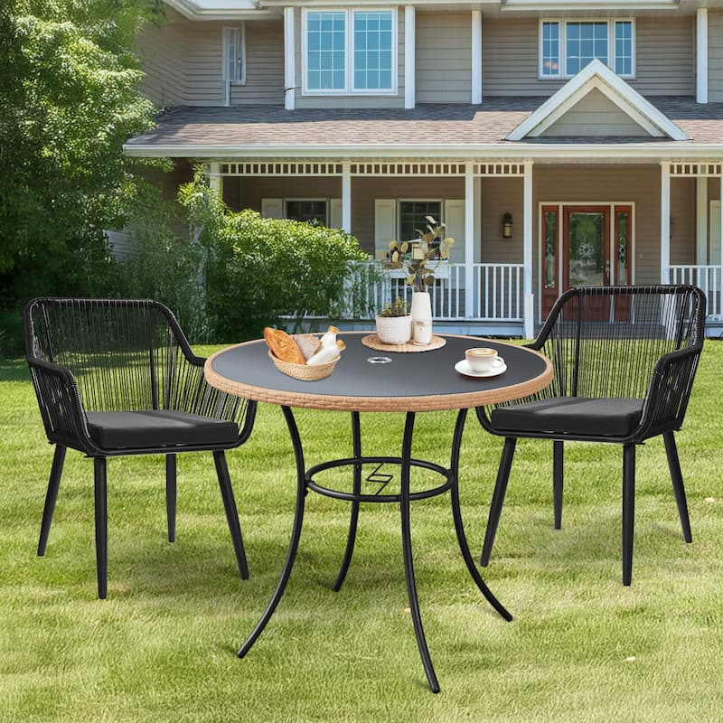 35" Square/Round Outdoor Dining Table - All-Weather Wicker Patio Table with Tempered Glass Top & Iron Frame for Balcony