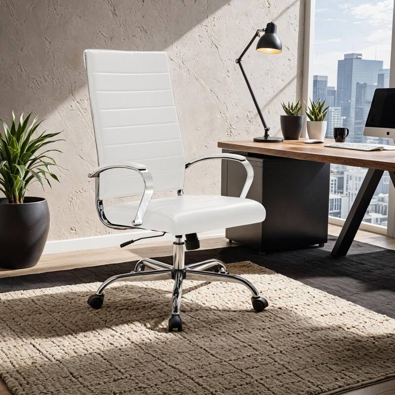 Benmar Ergonomic High-Back Leather Executive Office Desk Chair in Stainless Steel Frame Adjustable HeightTilt Lock 360 Swivel