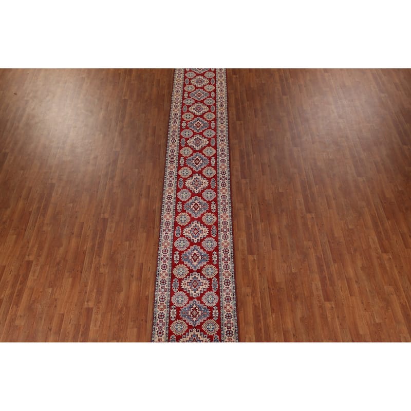 Red Kazak Runner Rug Handmade Wool Carpet - 2'6" x 16'3"