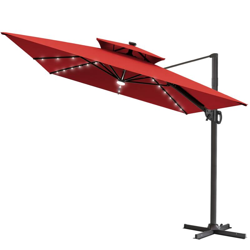 9 X 11 FT Outdoor Patio Cantilever Umbrella with Solar Lights Double Canopy 360 Rotation Tilt