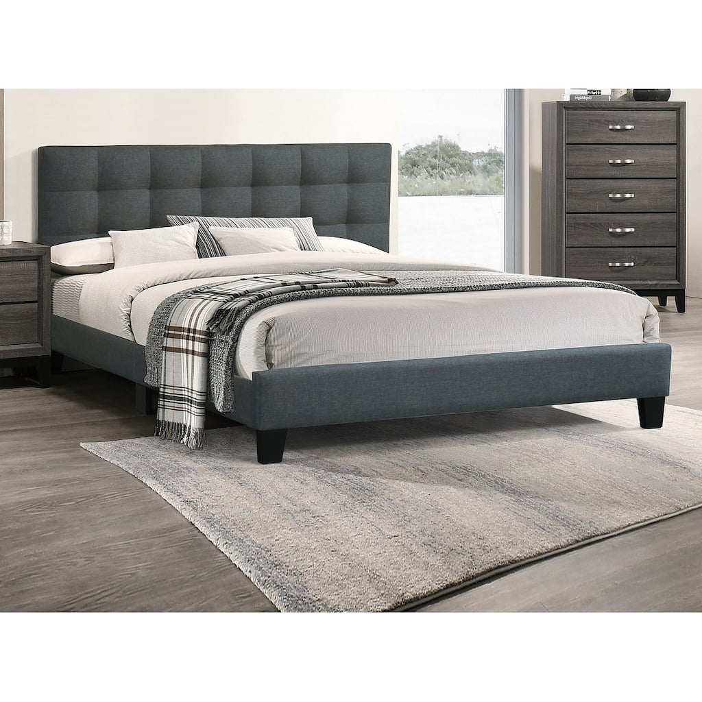 Queen Size Platform Bed with Tufted Upholstered Headboard, Charcoal Polyfiber Fabric, Modern Design