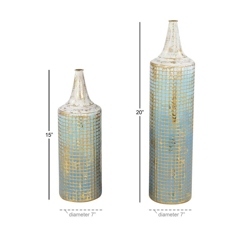 Blue Metal Distressed Tall Geometric Decorative Vase with Grid Pattern and Gold Accents (Set of 2)