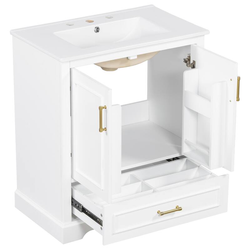 Bathroom Vanity with Ceramic Sink, Freestanding Storage Cabinet with Double Shelf, 1 Divider Drawer & 2 Soft-close Doors