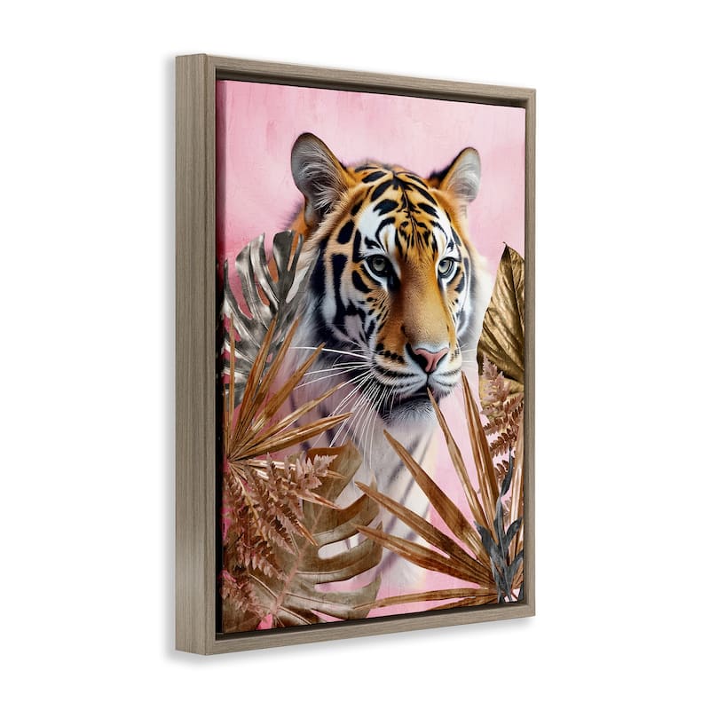 Stupell Exotic Tiger with Gold Leaves Framed Floater Canvas Wall Art Design By Kim Allen