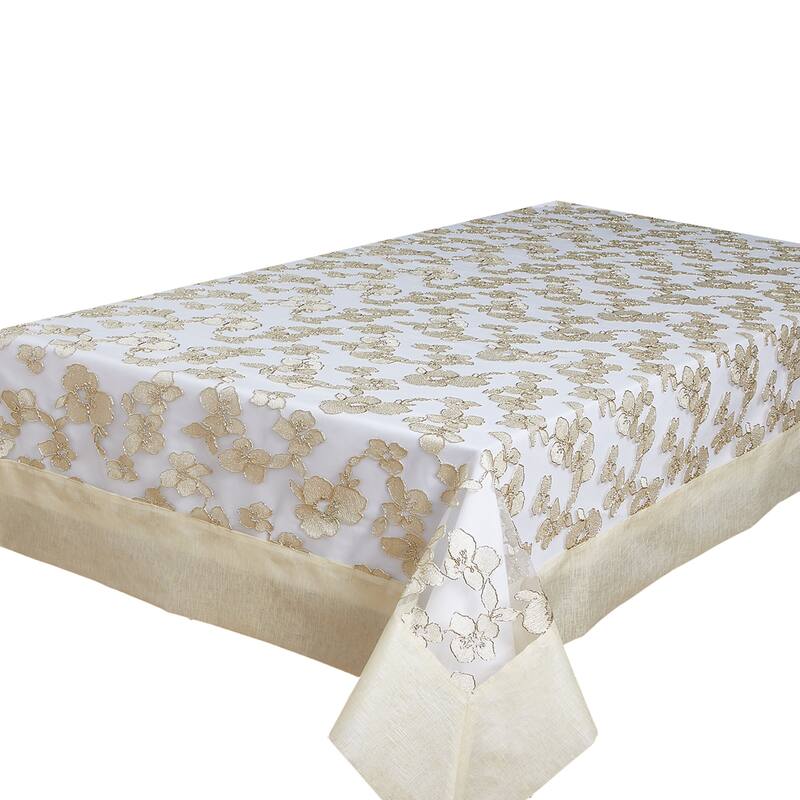Violet Linen Ribbon Rose Mesh Lace Pattern Gold - Tablecloth - 70" X 88" - Gold