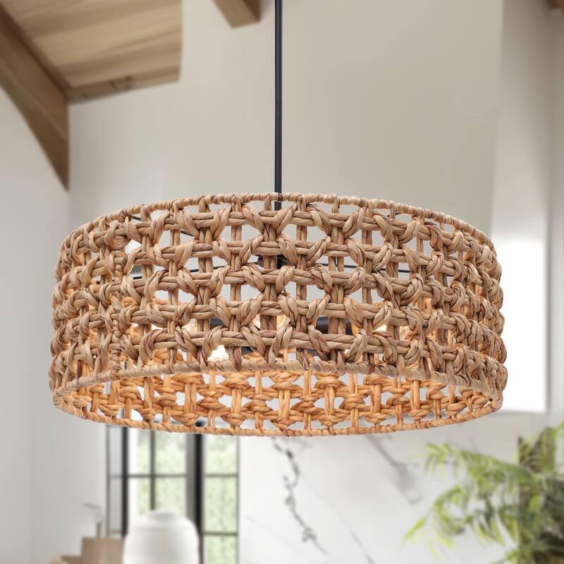 5-Light Rattan Drum Chandelier Coastal Island Pendant Light for Dining Room - 26" W x 9.8" H