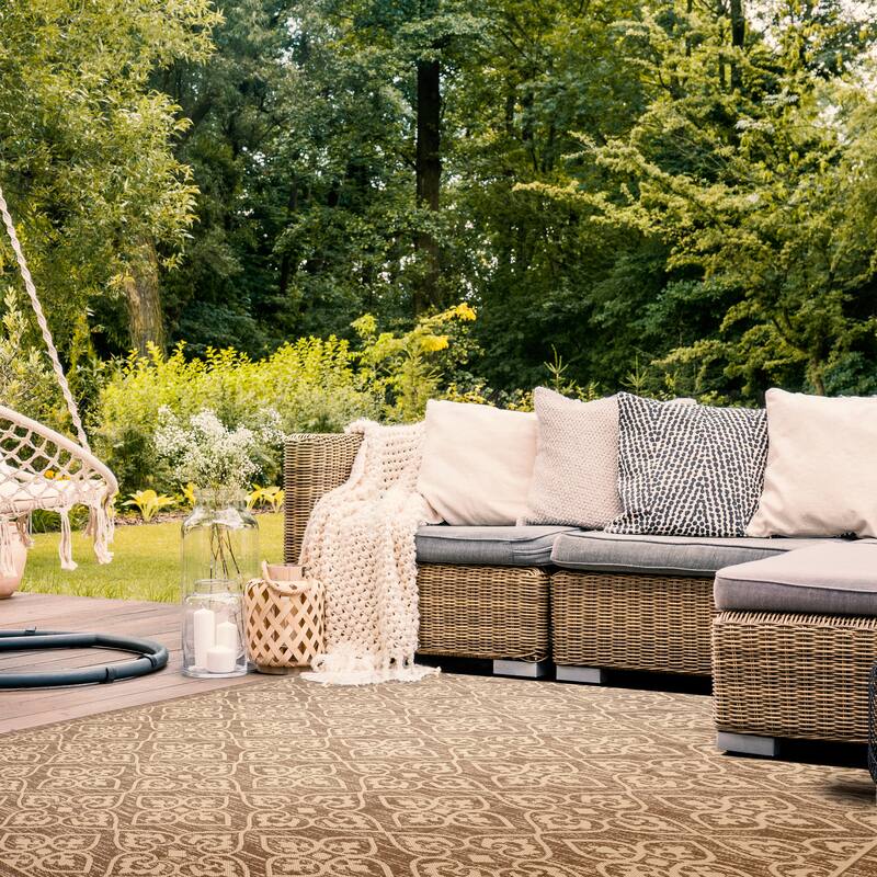 SAFAVIEH Courtyard Sesselia Indoor/ Outdoor Waterproof Patio Backyard Rug - 8' x 11' - Dark Beig/Beige