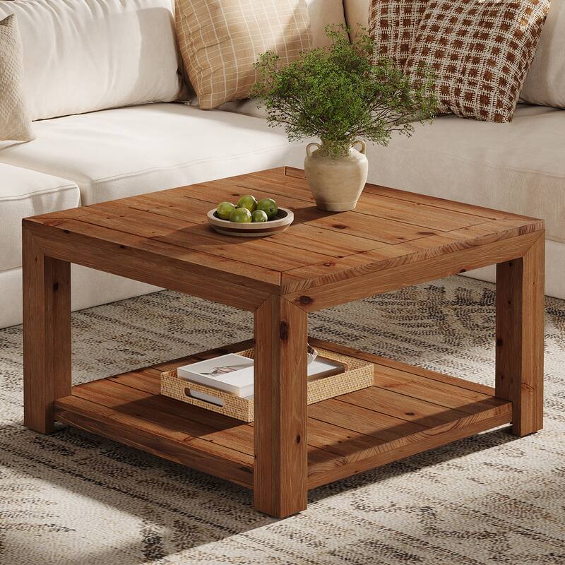 Square Coffee Table with Storage, 31.5-inch Solid Wood Center Table - Brown
