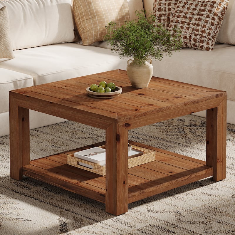 Square Solid Wood Coffee Table, Open Storage Shelf Living Room Center Cocktail Accent Table