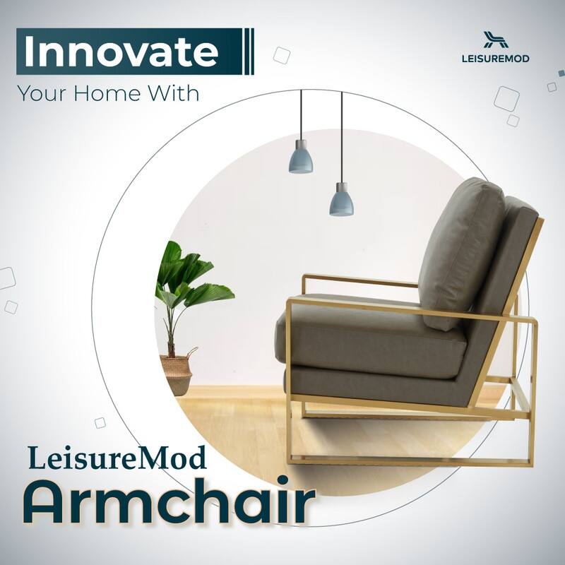 Jefferson Contemporary Leather Accent Armchair with Brushed Gold Base, Removable Cushions, and Durable Spring-Supported Seat