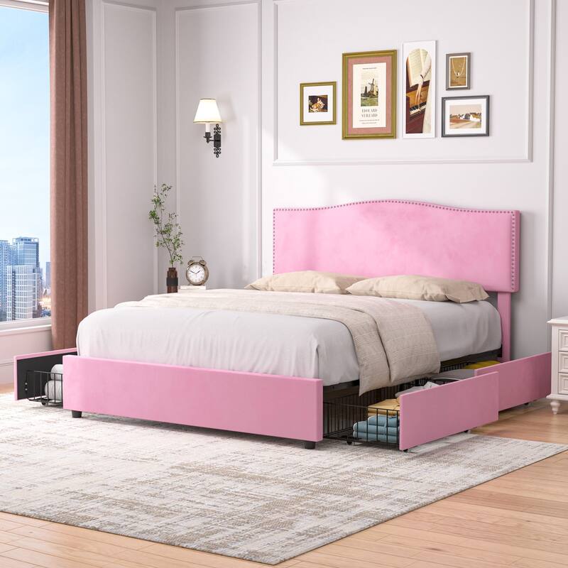 VECELO Upholstered Bed Frame with 4 Storage Drawers Full Queen Heavy Duty Platform with Adjustable Linen Headboard - Pink - Full