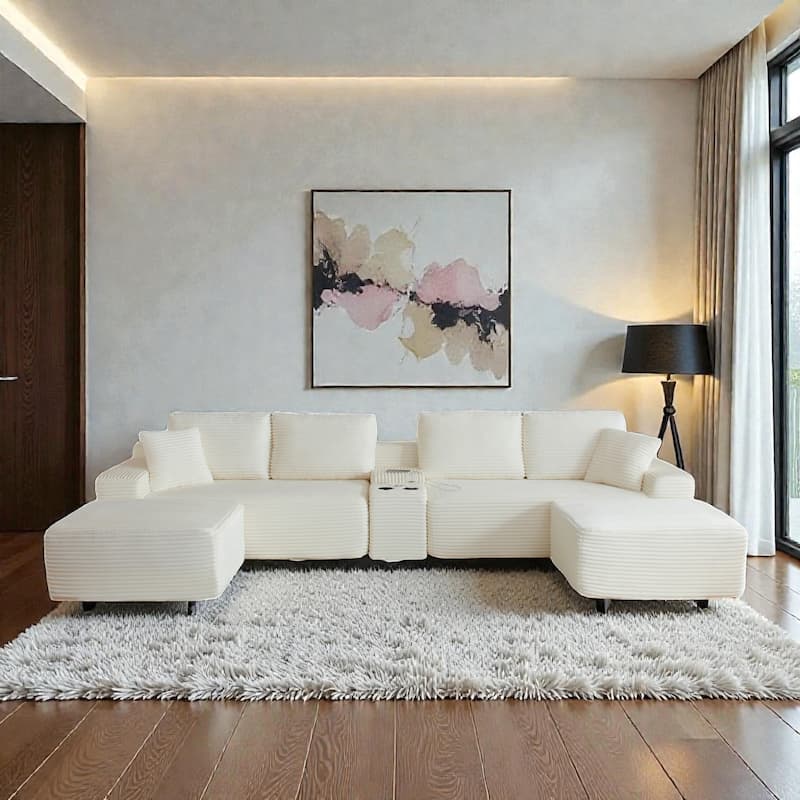 125" L Shaped Sectional Sofa with 2 Ottomans, Cloud Corduroy Couch with Deep Seat, Cup Holders and USB Ports