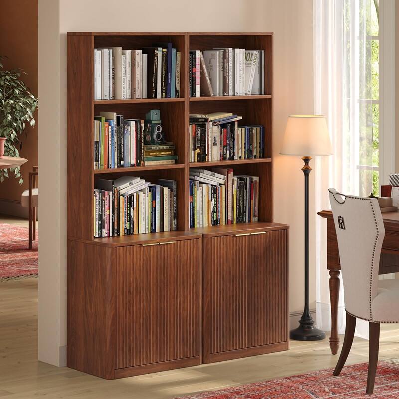 71" Oak Bookcase with Doors, 5-Tier Fluted Tall Bookshelf with Storage