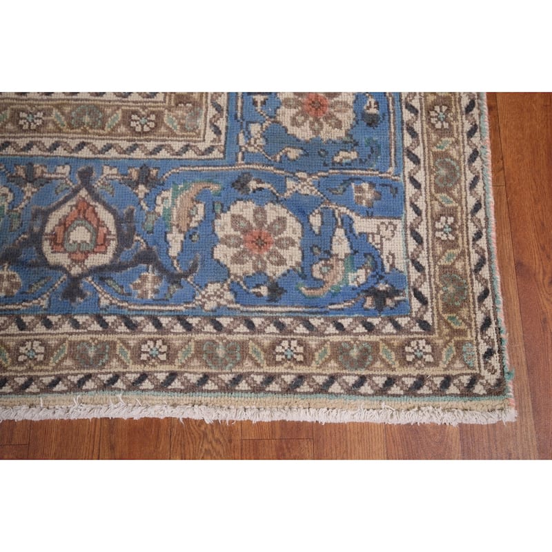 Blue Geometric Tabriz Persian Vintage Area Rug Handmade Wool Carpet - 9'7" x 12'10"