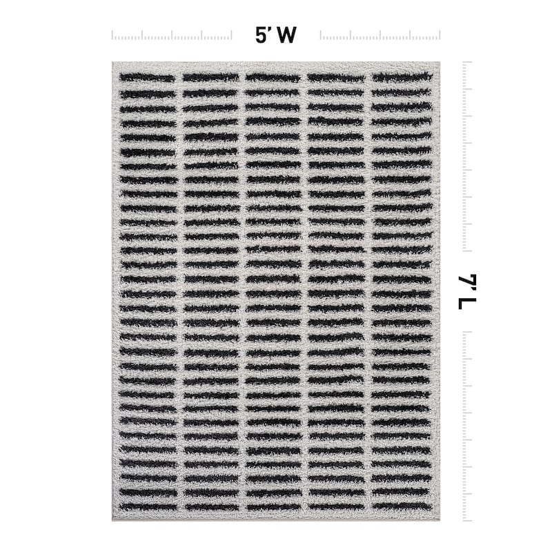 Bohemian Stripe Lines Shag Rug - Textured Surface - Anthracite Dark Gray - Easy to Clean