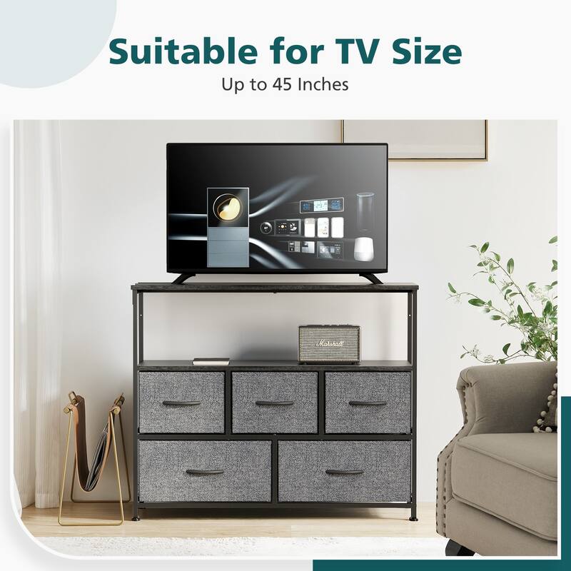 CoolArea 5-Drawer Dresser, Fabric Chest Storage Tower with Wooden Top and Open Shelf