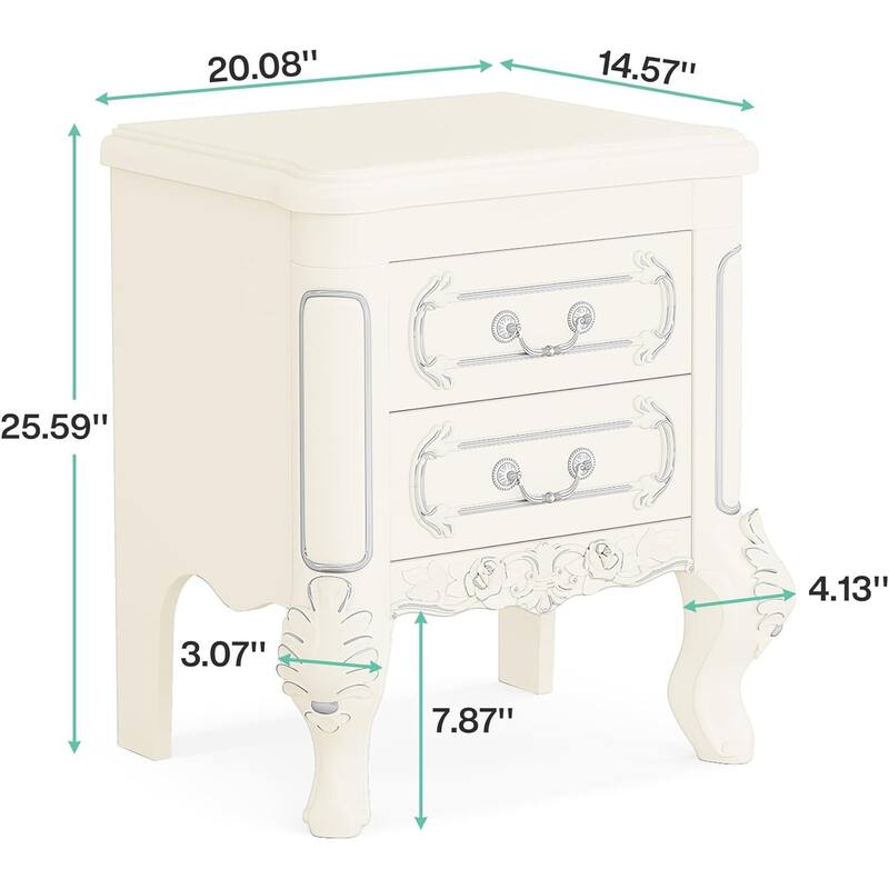 White Nightstand with 2 Drawers, Classic Carved Bedside Tables, Side Table