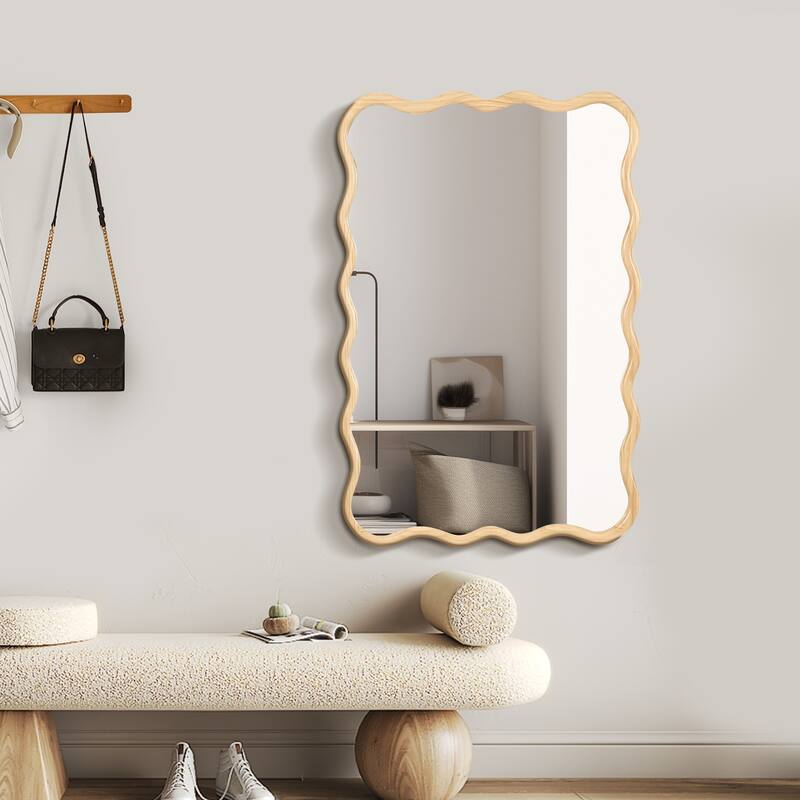Solid Wood Wavy Frame Wall Mirror, 40"x28" Rectangle Design for Entryway, Cloakroom, and Dining Room