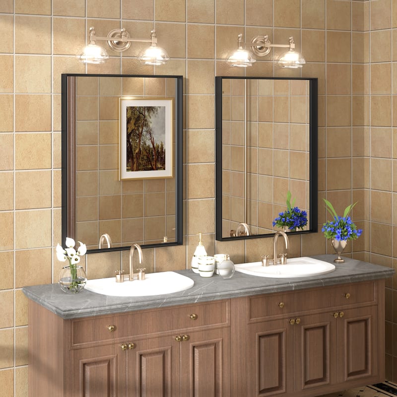 Full Size Metal Frame Wall Mirror Black Tempered Glass for Bathroom