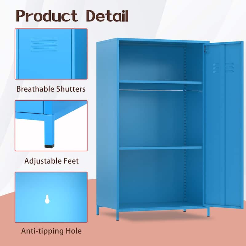 Double Doors Metal Locker Cabinet Storage with Hanging Rod and Shelves for Bedroom School Classroom