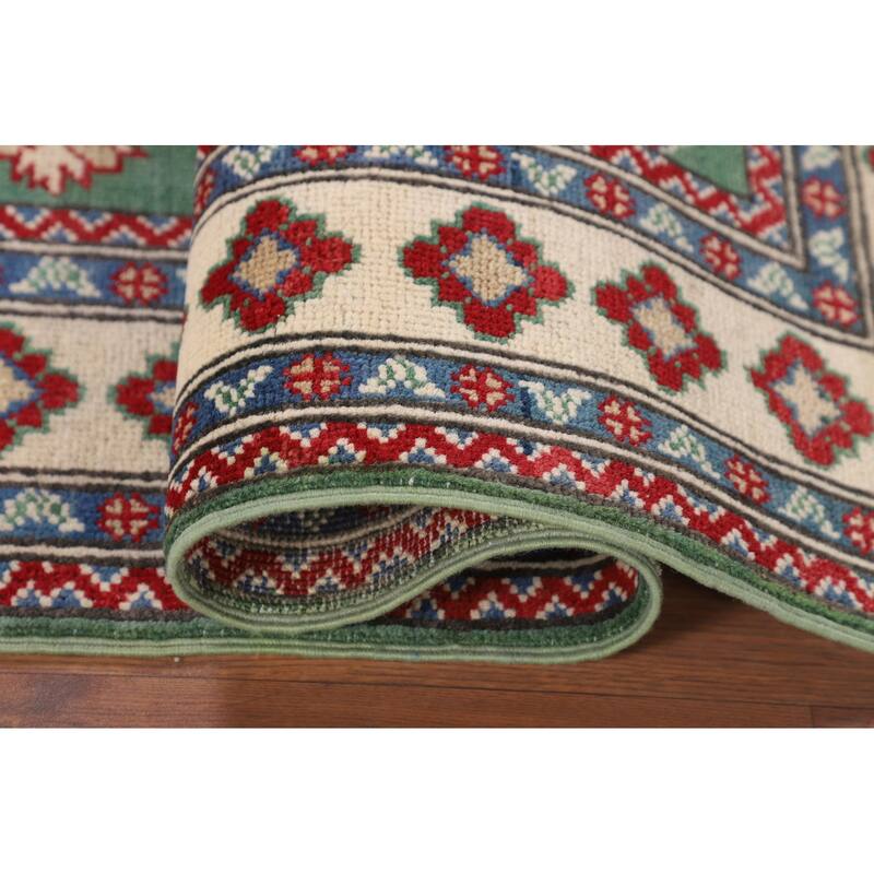 Green Geometric Kazak Foyer Rug Hand-Knotted Wool Carpet - 3'3" x 4'10"
