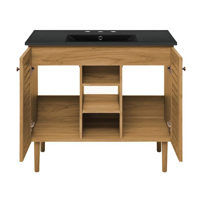 Bron 36 In. Brown Oak Bathroom Vanity With Black, 3-Hole Ceramic Sink Top