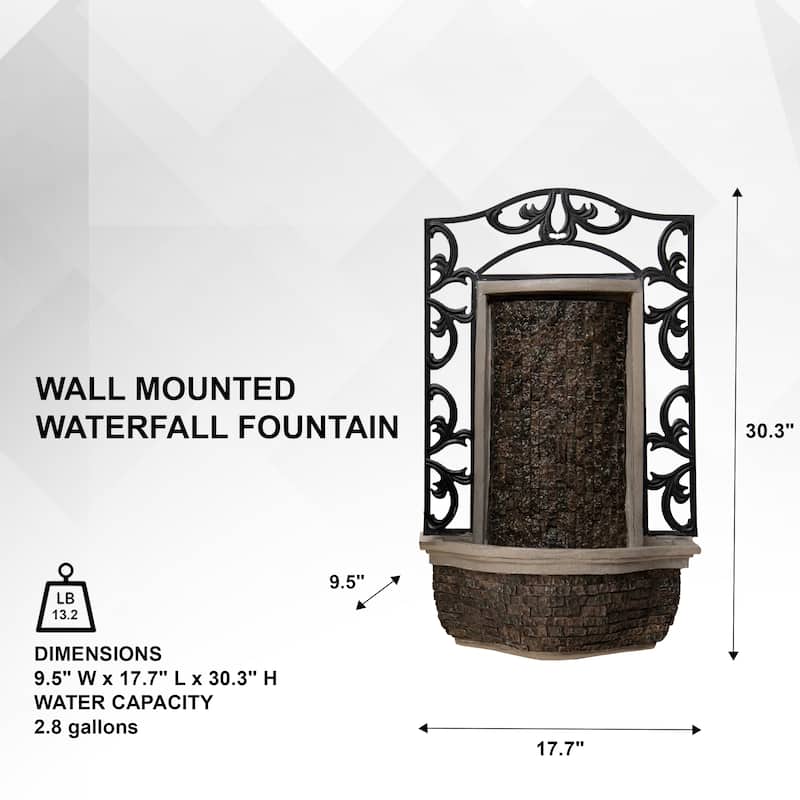 XBrand 30.31" H Stone/Black Polyresin and Metal Indoor Outdoor Wall Mounted Waterfall Fountain with Pump